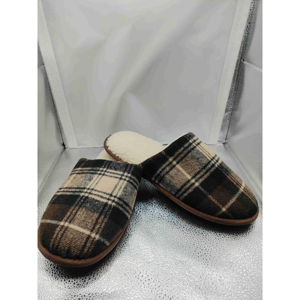 Men's Dearfoams Black And Cream Plaid Faux Fur Trim Size Medium (9-10) Slippers